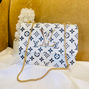 White Designer Shoulder Bag with Gold Chain