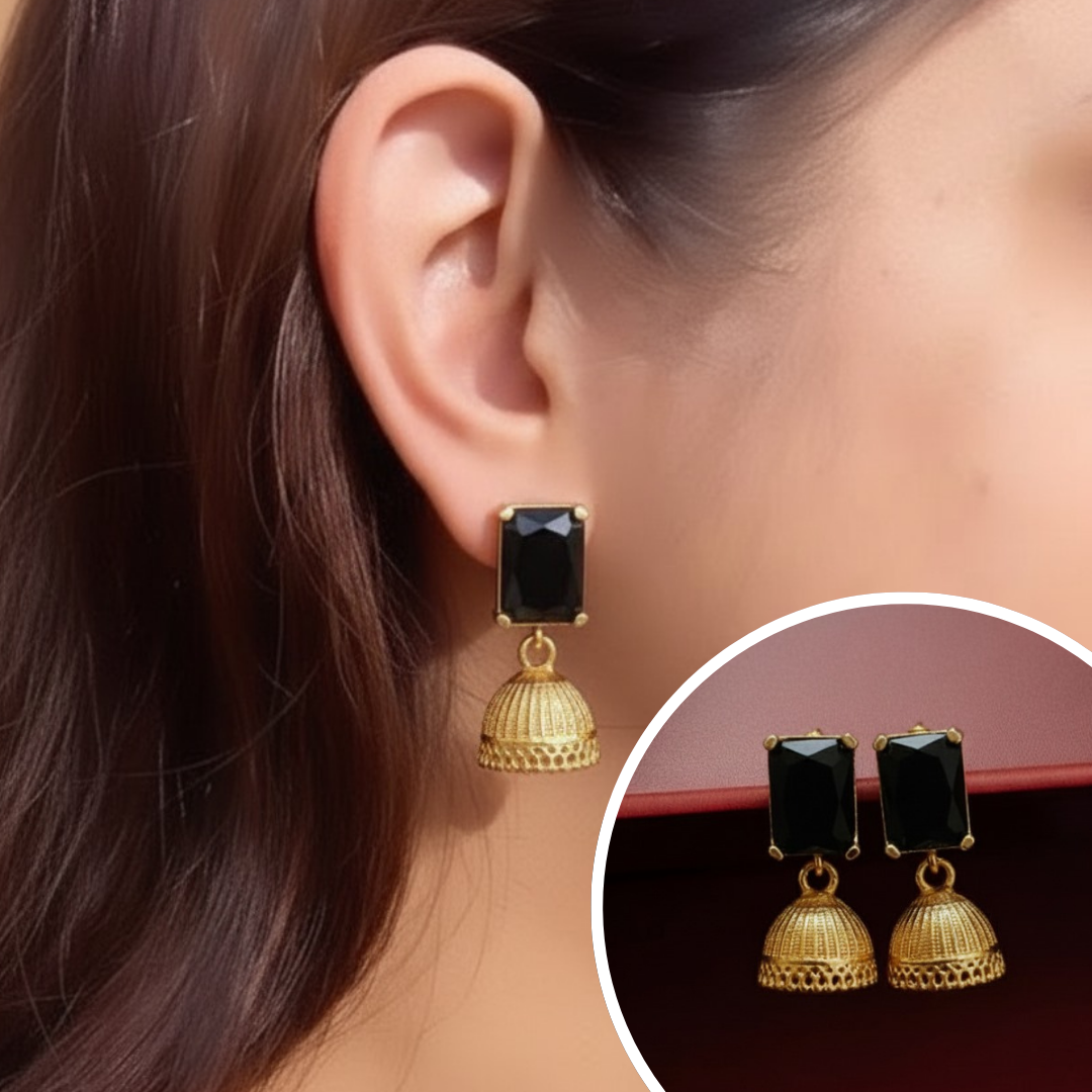Black Stone Gold Plated Jhumka Earrings