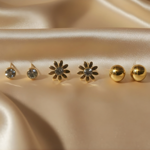 Gold Stud Earring Set – Crystal, Flower