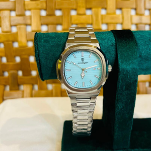 Stylish Silver Men’s Watch with Sky Blue Dial