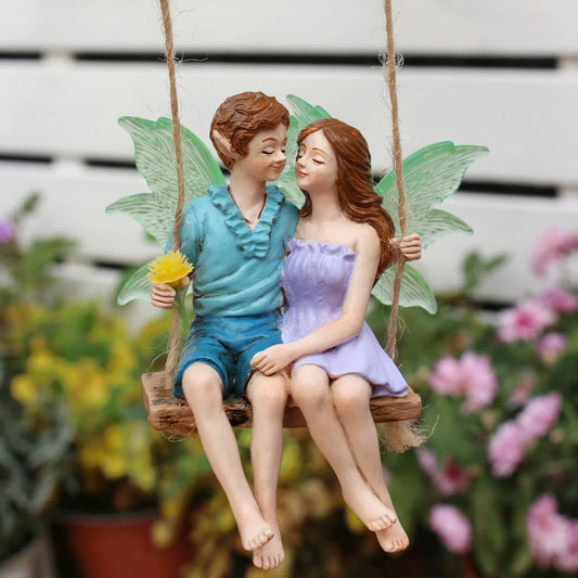 Resin couple swing flower fairy pendant, spring outdoor courtyard garden lawn bonsai home decoration, Valentine's Day gift